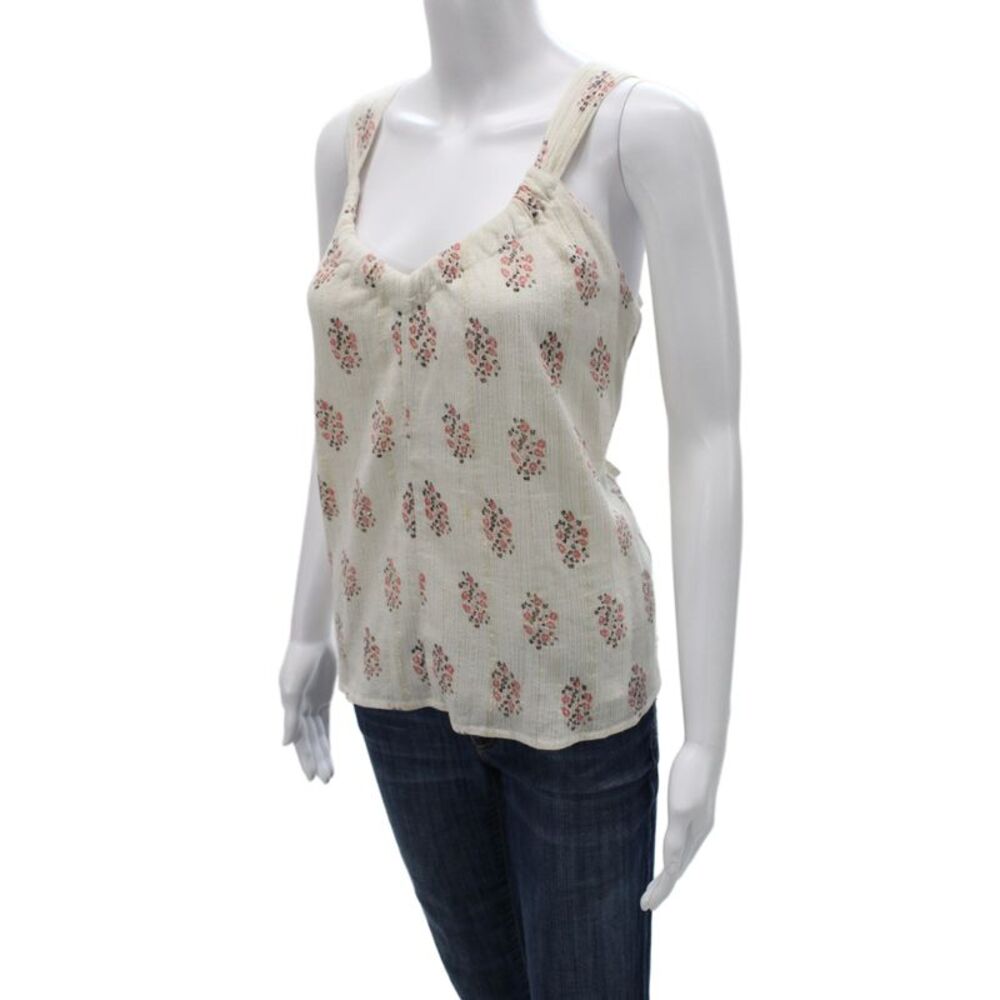 La Vie Womens Ivory Floral Cotton V-Neck Sleeveless Tank Size L
